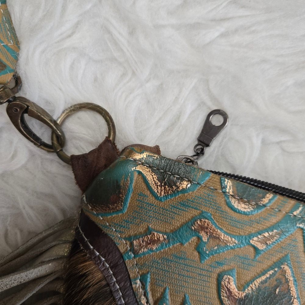 Dancing Cactus Designs Cowhide Fringe Crossbody Bag Turquoise Leather Western - Picture 4 of 16